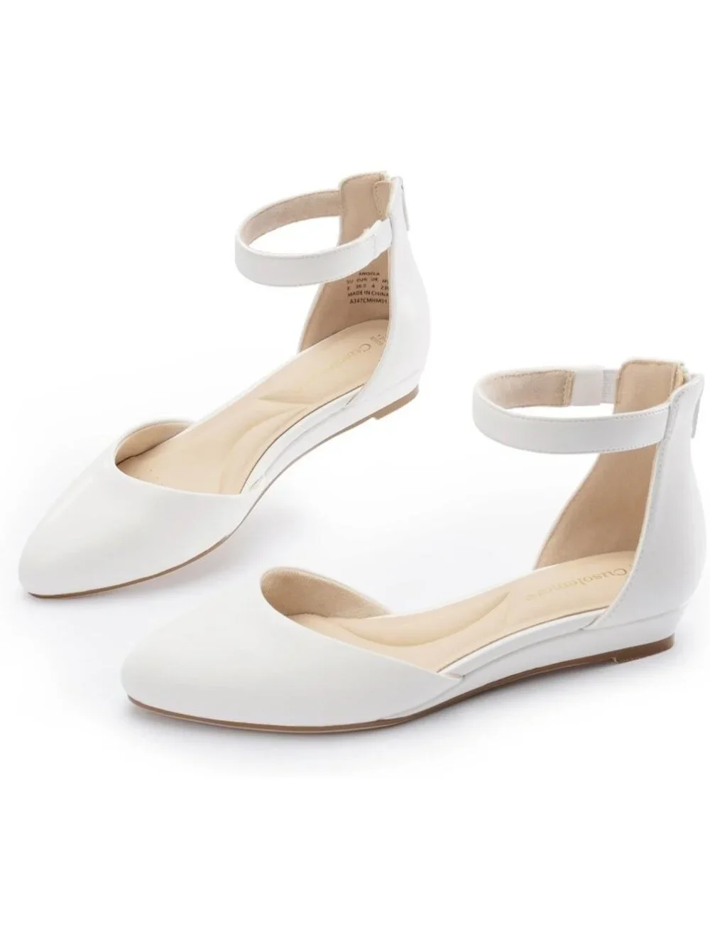 Women's White Pu Leather Flats Ankle Strap Comfortable Pointed Toe Dress Shoes